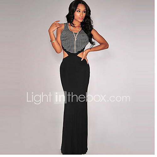 Dames Slank Wijd Uitlopend Jurk Gestreept Print Je Hals Maxi huismerk kopen in de aanbieding