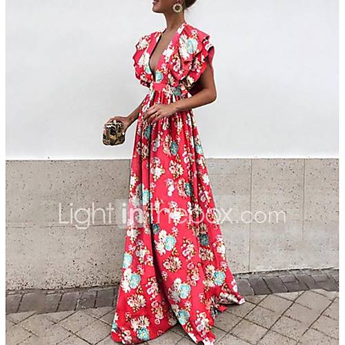 Dames Pofmouw Slank Wijd Uitlopend Jurk Bloemen Diepe V Hals Maxi huismerk kopen in de aanbieding