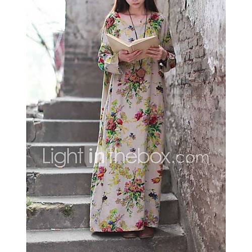 Dames Grote Maten Elegant Ruimvallend Recht Jurk Bloemen Print Maxi Sexy huismerk kopen in de aanbieding