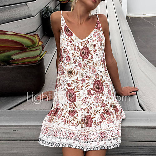 Dames Strand Standaard Boho Slank Schede Jurk Bloemen Geometrisch Bandje Mini Sexy huismerk kopen in de aanbieding