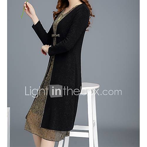 Dames Grote Maten Vintage Elegant Ruimvallend Recht Jurk Effen Patchwork V Hals Tot De Knie Hoge Taille Zwart Grijs huismerk kopen in de aanbieding