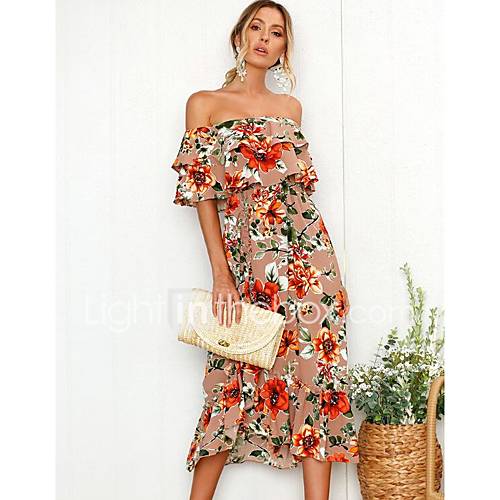 Dames Strand Slank Schede Jurk Bloemen Print Schouderafhangend Midi huismerk kopen in de aanbieding Dames Strand Slank Schede Jurk Bloemen Print Schouderafhangend Midi huismerk kopen in de aanbieding