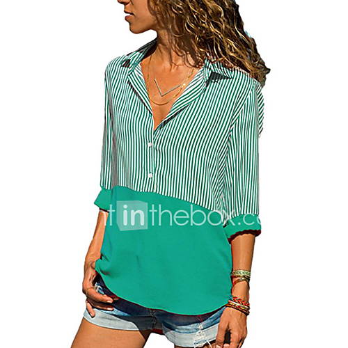 Dames Print Grote Maten Overhemd Gestreept Kleurenblok Overhemdkraag Zwart Xxxl huismerk kopen in de aanbieding