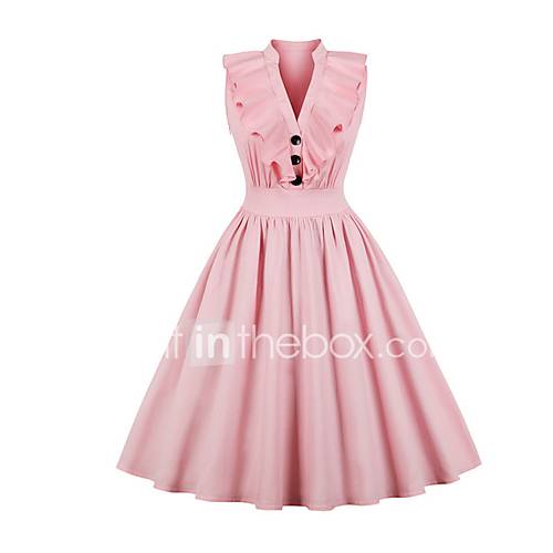 Dames Feestdagen Uitgaan Vintage Wijd Uitlopend Jurk Ruche V Hals Midi huismerk kopen in de aanbieding