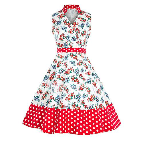 Dames Vintage Elegant A Lijn Schede Jurk Polka Dot Bloemen Kant Strik Patchwork Midi huismerk kopen in de aanbieding