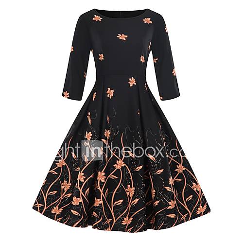 Dames Vintage Elegant A Lijn Schede Klein En Zwart Jurk Bloemen Print Maxi huismerk kopen in de aanbieding