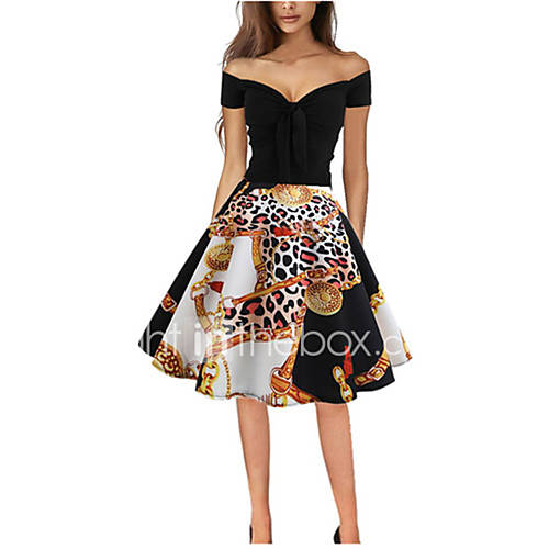 Dames Vintage Chiffon Wijd Uitlopend Jurk Print Midi huismerk kopen in de aanbieding