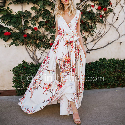 Dames Wijd Uitlopend Jurk Bloemen Print Wrap Diepe V Hals Maxi huismerk kopen in de aanbieding