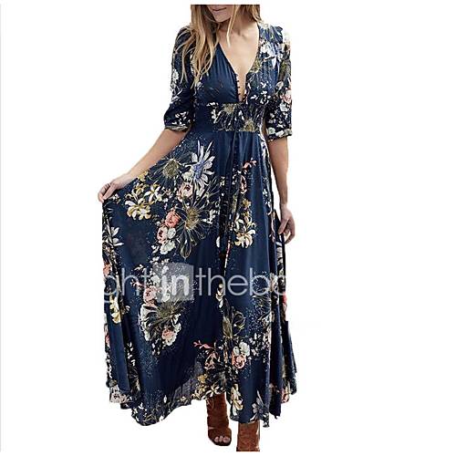 Dames Boho Elegant Wijd Uitlopend Overhemd Jurk Bloemen Kleurenblok Print Maxi huismerk kopen in de aanbieding