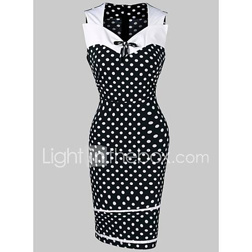 Dames Standaard Slank Bodycon Jurk Polka Dot Print V Hals Tot De Knie huismerk kopen in de aanbieding
