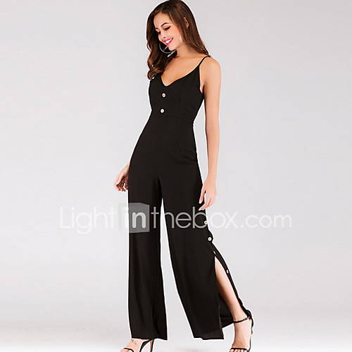 Dames Street Chic Bandje Zwart Breedbeen Jumpsuit Effen Split M L Xl huismerk kopen in de aanbieding