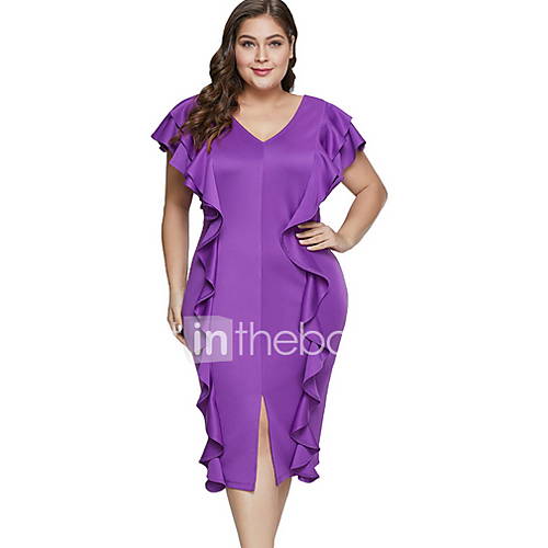 Dames Elegant Schede Jurk Effen Ruche Tot De Knie huismerk kopen in de aanbieding