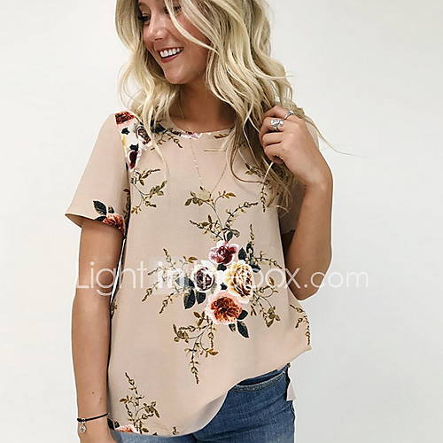 Dames Print T Shirt Bloemen Slank Grijs Xl huismerk kopen in de aanbieding