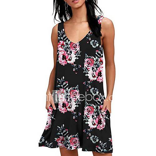 Dames Elegant Ruimvallend Recht Jurk Bloemen Print V Hals Mini huismerk kopen in de aanbieding