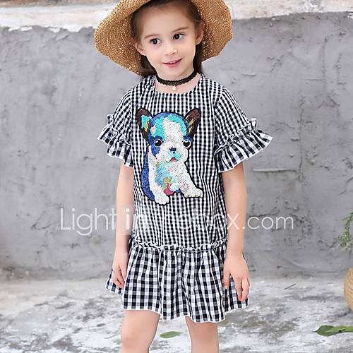 Kinderen Meisjes Blokken Patchwork Korte Mouw Tot De Knie Polyester Jurk Zwart huismerk kopen in de aanbieding