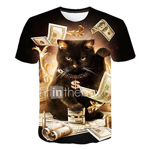 Heren Standaard Street Chic Print T Shirt Club Kleurenblok 3D Dier Ronde Hals Kat Zwart Xxxl Korte Mouw huismerk kopen in de aanbieding