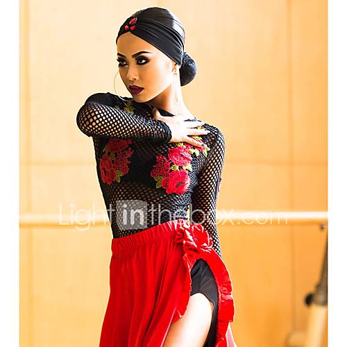 Latin Dans Tops Dames Prestatie Spandex Borduurwerk Lange Mouw Top huismerk kopen in de aanbieding