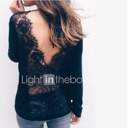 Dames Kant Blote Rug T Shirt Effen V Hals Zwart huismerk kopen in de aanbieding