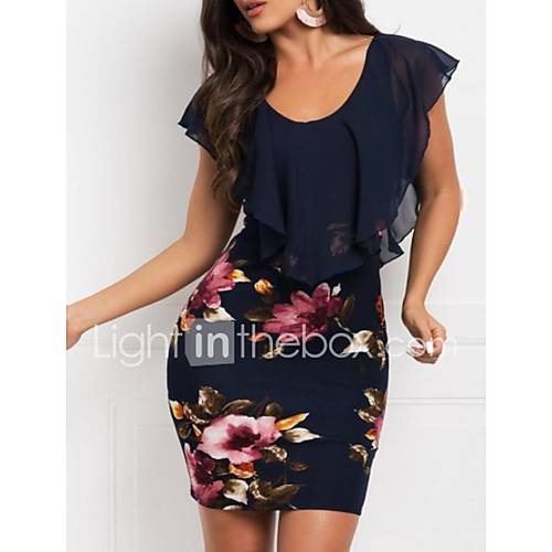 Dames Elegant Slank Schede Jurk Bloemen Chiffon Print Mini huismerk kopen in de aanbieding