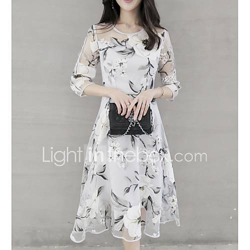 Dames Midi Lijnjurk Wit Geel Grijs S M L Xl huismerk kopen in de aanbieding