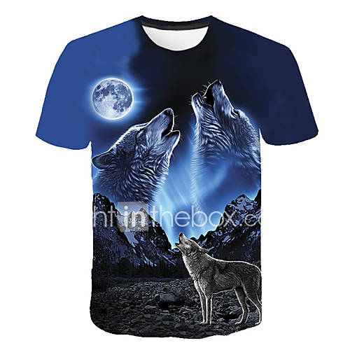 Heren Standaard Street Chic Print T Shirt Club Kleurenblok 3D Dier Ronde Hals Wolf Blauw Xxxl Korte Mouw huismerk kopen in de aanbieding