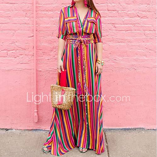 Dames Boho Elegant Wijd Uitlopend Jurk Gestreept Print Diepe V Hals Maxi huismerk kopen in de aanbieding Dames Boho Elegant Wijd Uitlopend Jurk Gestreept Print Diepe V Hals Maxi huismerk kopen in de aanbieding