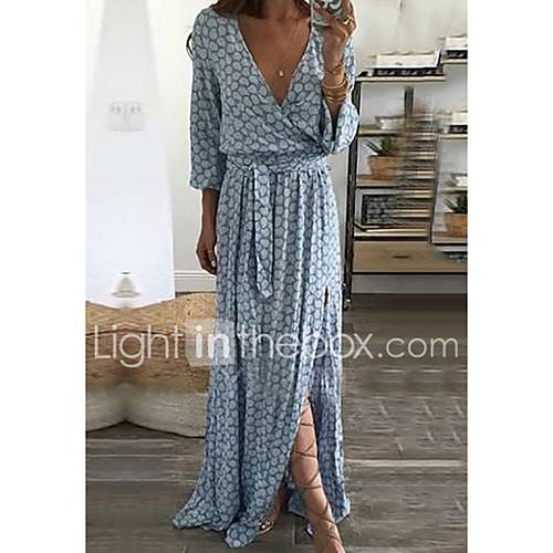 Dames Standaard Schede Jurk Geometrisch Ruche Diepe V Hals Maxi huismerk kopen in de aanbieding