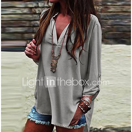 Dames Grote Maten Overhemd Effen V Hals Grijs Xxxl huismerk kopen in de aanbieding