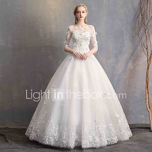 Baljurk Scoop Neck Tot De Grond Kant Tule Lace Over Satin Op Maat Gemaakte Trouwjurken Met Appliques Door Lan Ting Express huismerk kopen in de aanbieding Baljurk Scoop Neck Tot De Grond Kant Tule Lace Over Satin Op Maat Gemaakte Trouwjurken Met Appliques Door Lan Ting Express huismerk kopen in de aanbieding