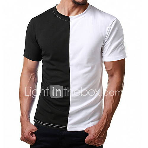 Heren Patchwork T Shirt Kleurenblok Ronde Hals Slank Rood huismerk kopen in de aanbieding