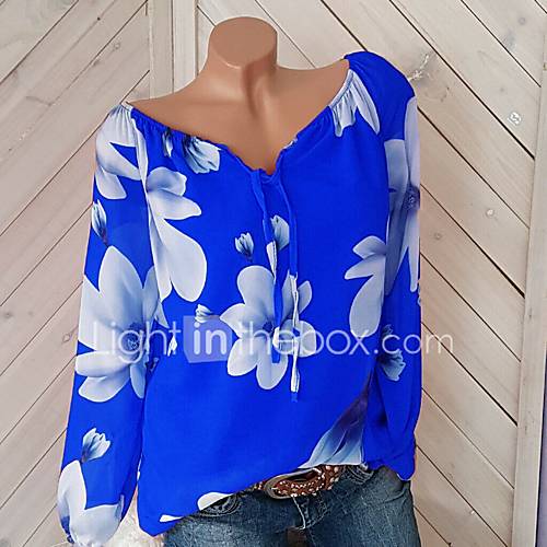 Dames Print Trekkoord Grote Maten Blouse Bloemen V Hals Rood Xxxl huismerk kopen in de aanbieding