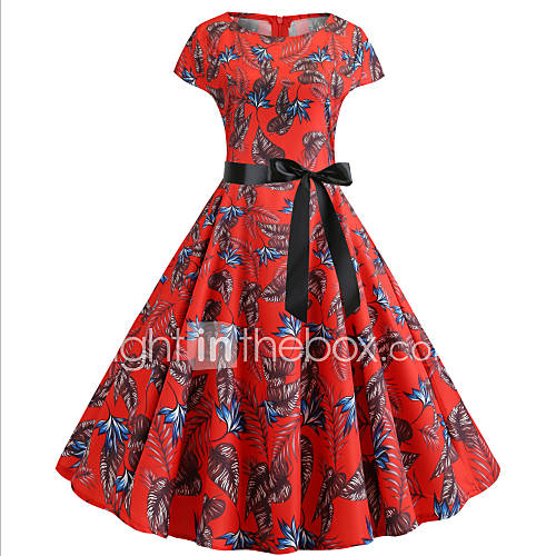 Dames Street Chic Elegant Wijd Uitlopend Jurk Bloemen Veters Print Tot De Knie huismerk kopen in de aanbieding