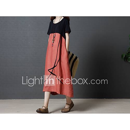 Dames Vintage Recht Jurk Effen Kleurenblok Patchwork Midi huismerk kopen in de aanbieding
