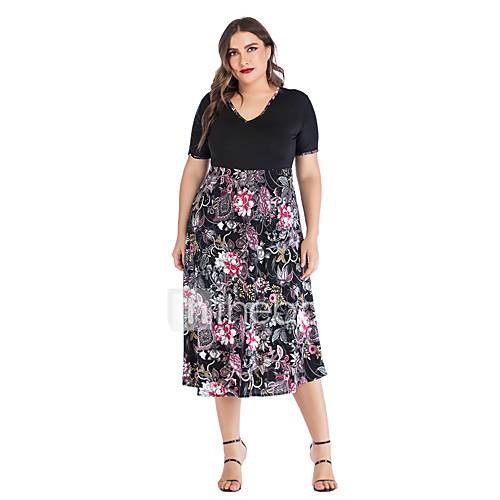 Dames Standaard Boho Klein En Zwart Wijd Uitlopend Jurk Bloemen Patchwork Midi huismerk kopen in de aanbieding