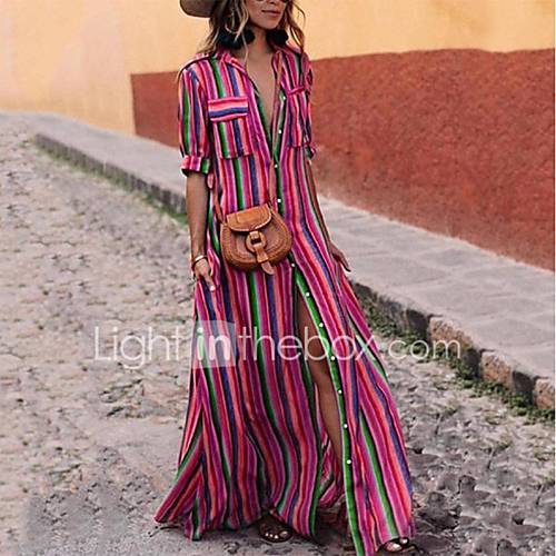 Dames Overhemd Jurk Gestreept Print Overhemdkraag Maxi huismerk kopen in de aanbieding