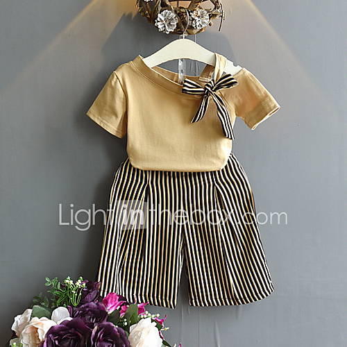 Kinderen Meisjes Street Chic Gestreept Korte Mouw Normaal Polyester Kledingset Geel huismerk kopen in de aanbieding