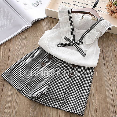 Kinderen Meisjes Street Chic Ruitjes Mouwloos Normaal Polyester Kledingset Wit huismerk kopen in de aanbieding