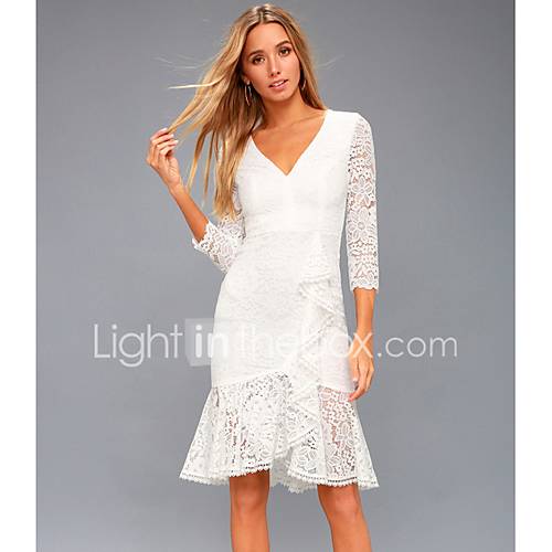 Dames Elegant Kant Slank Schede Jurk Effen V Hals Tot De Knie huismerk kopen in de aanbieding