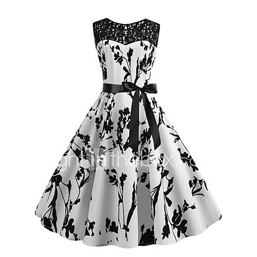 Dames Street Chic Elegant Wijd Uitlopend Jurk Kant Patchwork Print Tot De Knie huismerk kopen in de aanbieding