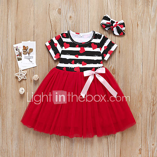 Baby Meisjes Actief Standaard Gestreept Strik Netstof Korte Mouw Katoen Jurk Rood huismerk kopen in de aanbieding