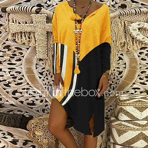 Dames Standaard Schede Jurk Gestreept Kleurenblok Tot De Knie huismerk kopen in de aanbieding