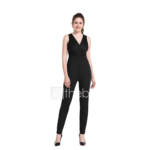 Dames Standaard Diepe V Hals Zwart Haak Skinny Jumpsuit Effen M L Xl huismerk kopen in de aanbieding