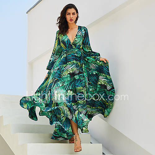 Dames Boho Elegant Wijd Uitlopend Jurk Bloemen Print Maxi huismerk kopen in de aanbieding