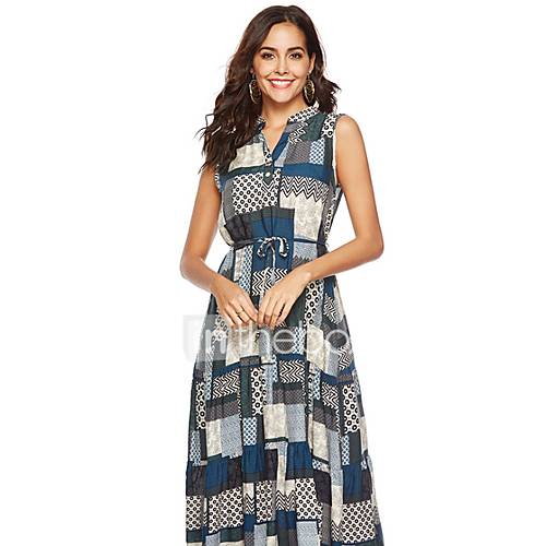 Midi Slim Dames Swingjurk V Hals Blauw L Xl huismerk kopen in de aanbieding