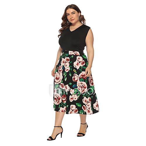 Dames Street Chic Verfijnd Wijd Uitlopend Jurk Bloemen Patchwork Midi huismerk kopen in de aanbieding