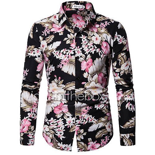 Heren Print Eu Vs Maat Overhemd Bloemen Slank Zwart Xl Lange Mouw huismerk kopen in de aanbieding