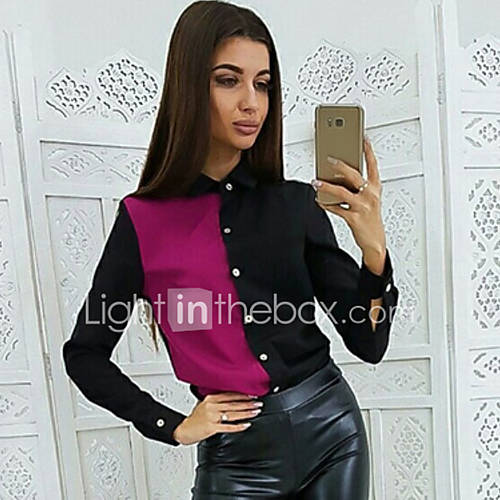 Dames Patchwork Overhemd Kleurenblok Rood huismerk kopen in de aanbieding