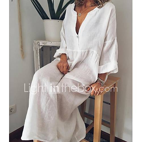 Maxi Tuniekjurk Dames V Hals Lichtblauw Zilvergeel M L Xl Xxl huismerk kopen in de aanbieding