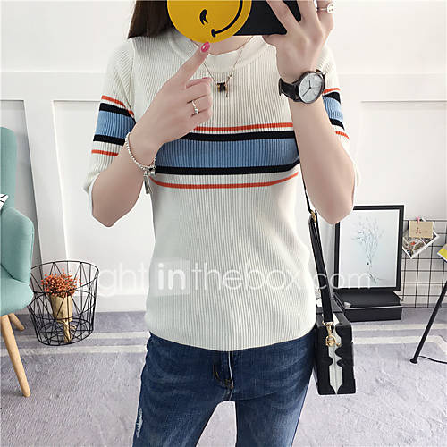 Dames Gestreept Korte Mouw Pullover Lente Zomer Wit Zwart Grijs Een Maat huismerk kopen in de aanbieding Dames Gestreept Korte Mouw Pullover Lente Zomer Wit Zwart Grijs Een Maat huismerk kopen in de aanbieding