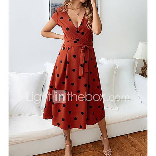 Dames Standaard Elegant Wijd Uitlopend Jurk Polka Dot Strik Veters Print Midi huismerk kopen in de aanbieding